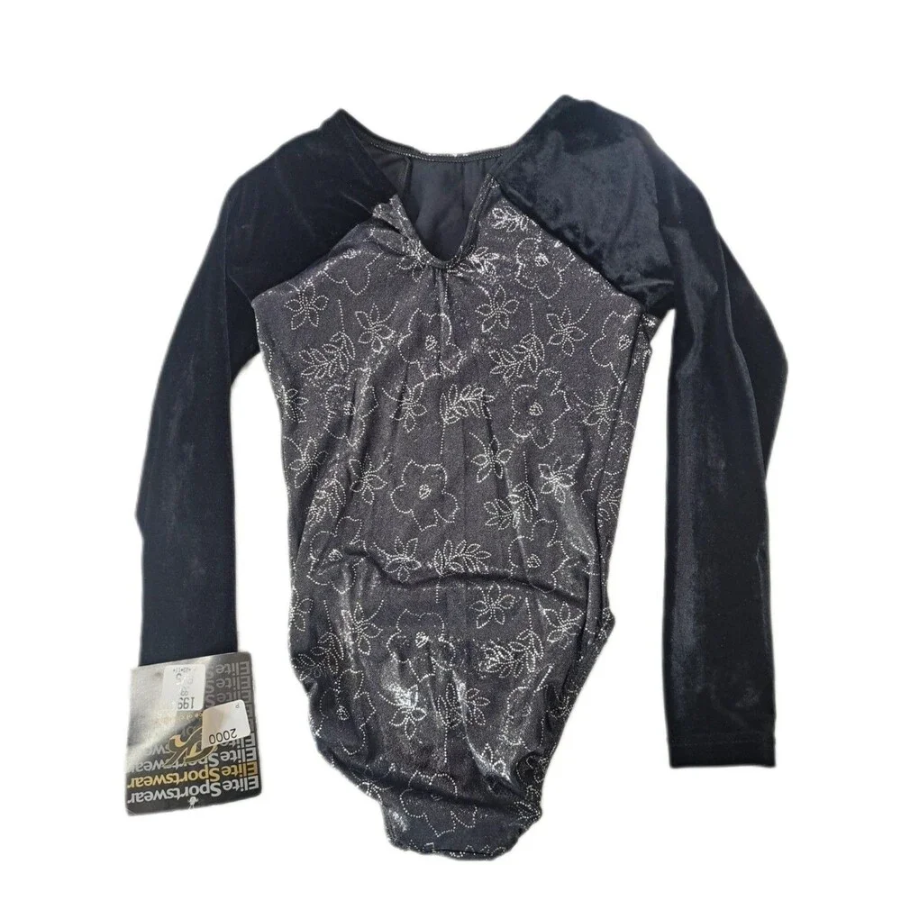 GK Elite VTG Foiled Floral Dot Silver Black LS Velvet Sleeves Leotard Size AS